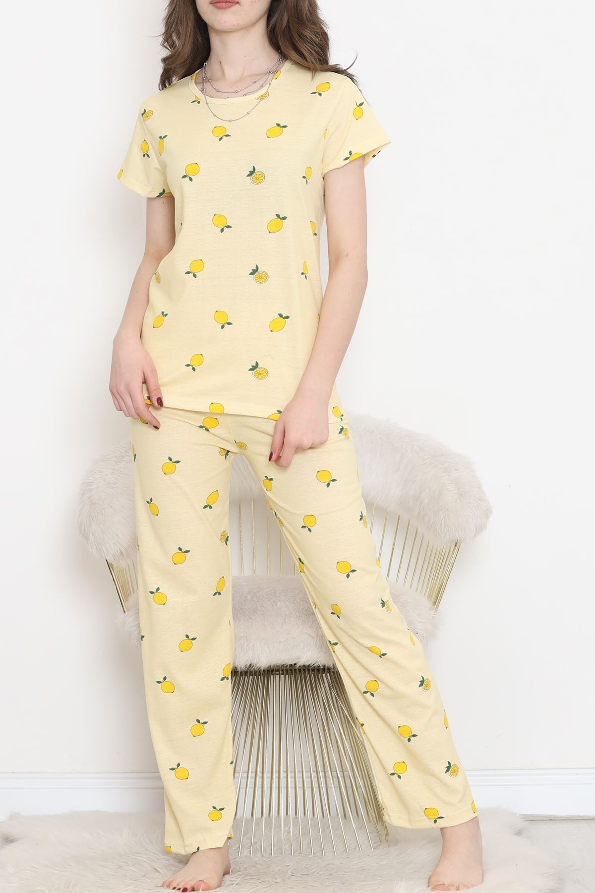 Dantel%20Limon%20Desenli%20Pijama%20Takımı%20